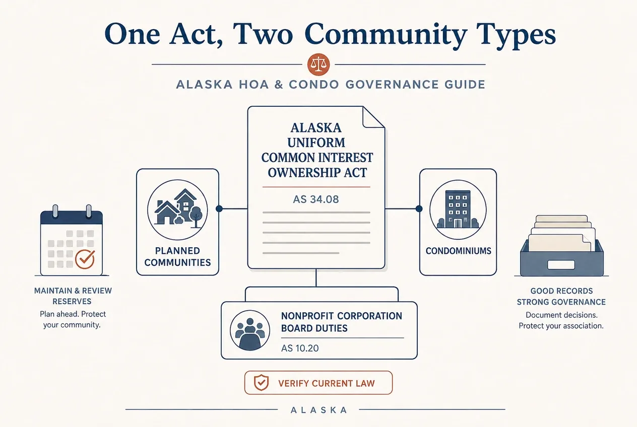 Editorial diagram showing one Alaska common-interest statute branching to meeting notice, insurance, voting, and records duties.