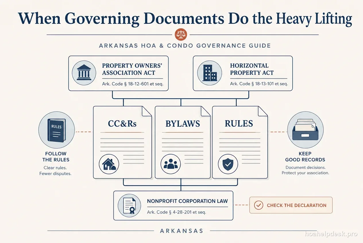 Editorial diagram showing an Arkansas recorded-bylaws binder feeding an annual financial ledger and assessment schedule.