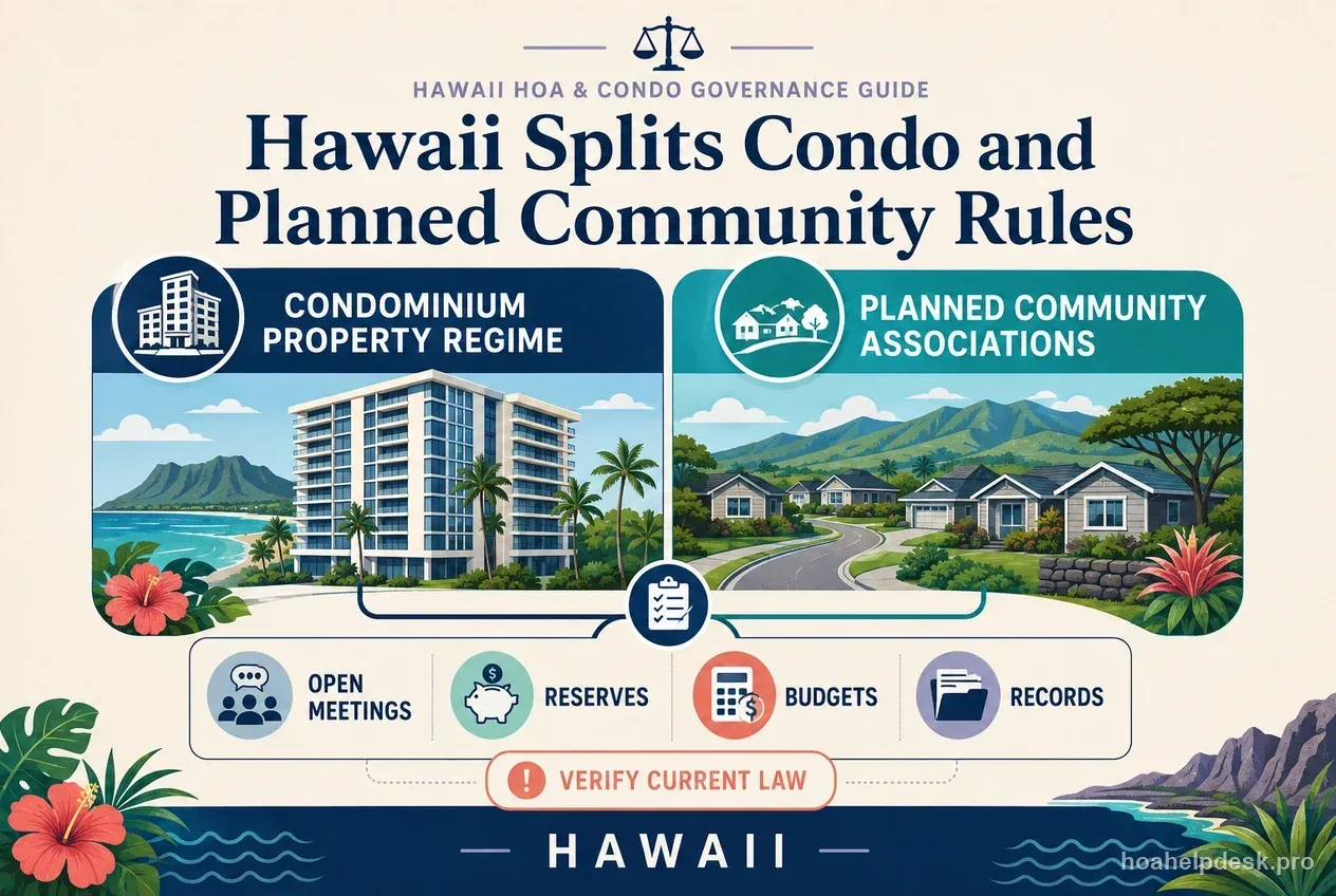 A Hawaii HOA and condominium governance diagram showing a reserve ledger, meeting calendar, and insurance shield.