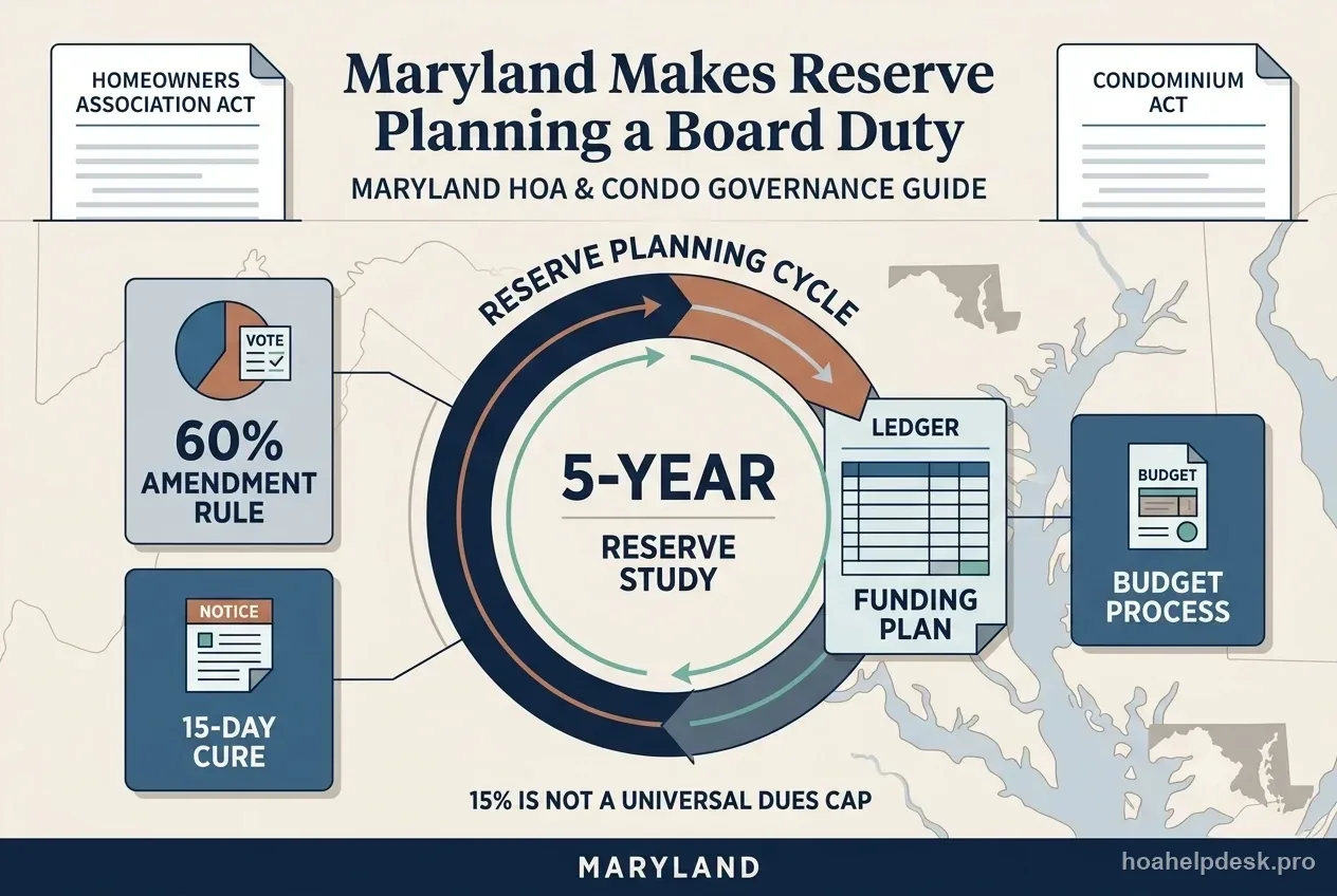 Maryland reserve governance diagram showing a five-year study cycle, reserve funding ledger, open meeting icon, and hearing notice.