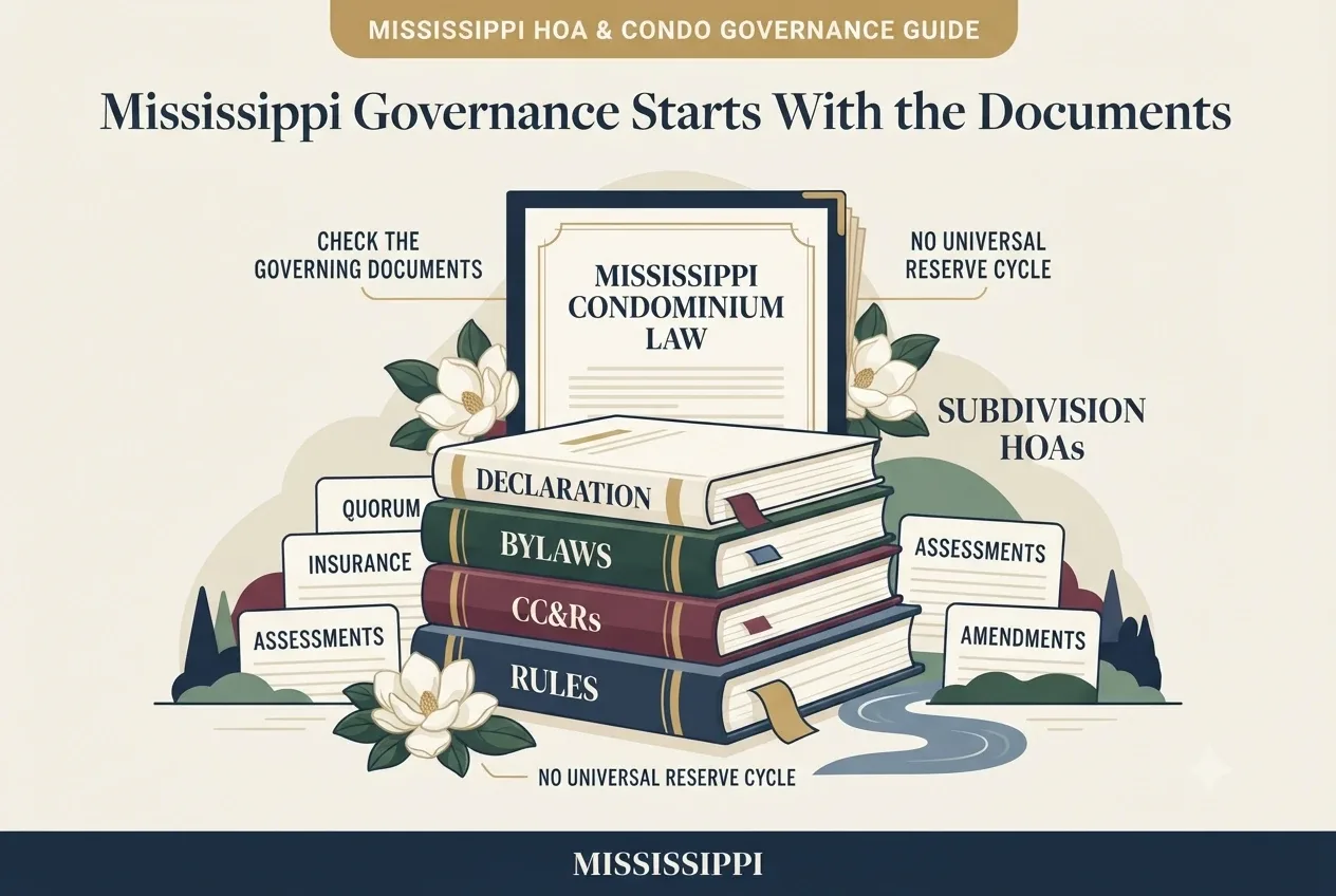 Mississippi condominium governance diagram centered on a recorded declaration feeding meeting, insurance, assessment, and enforcement rules.