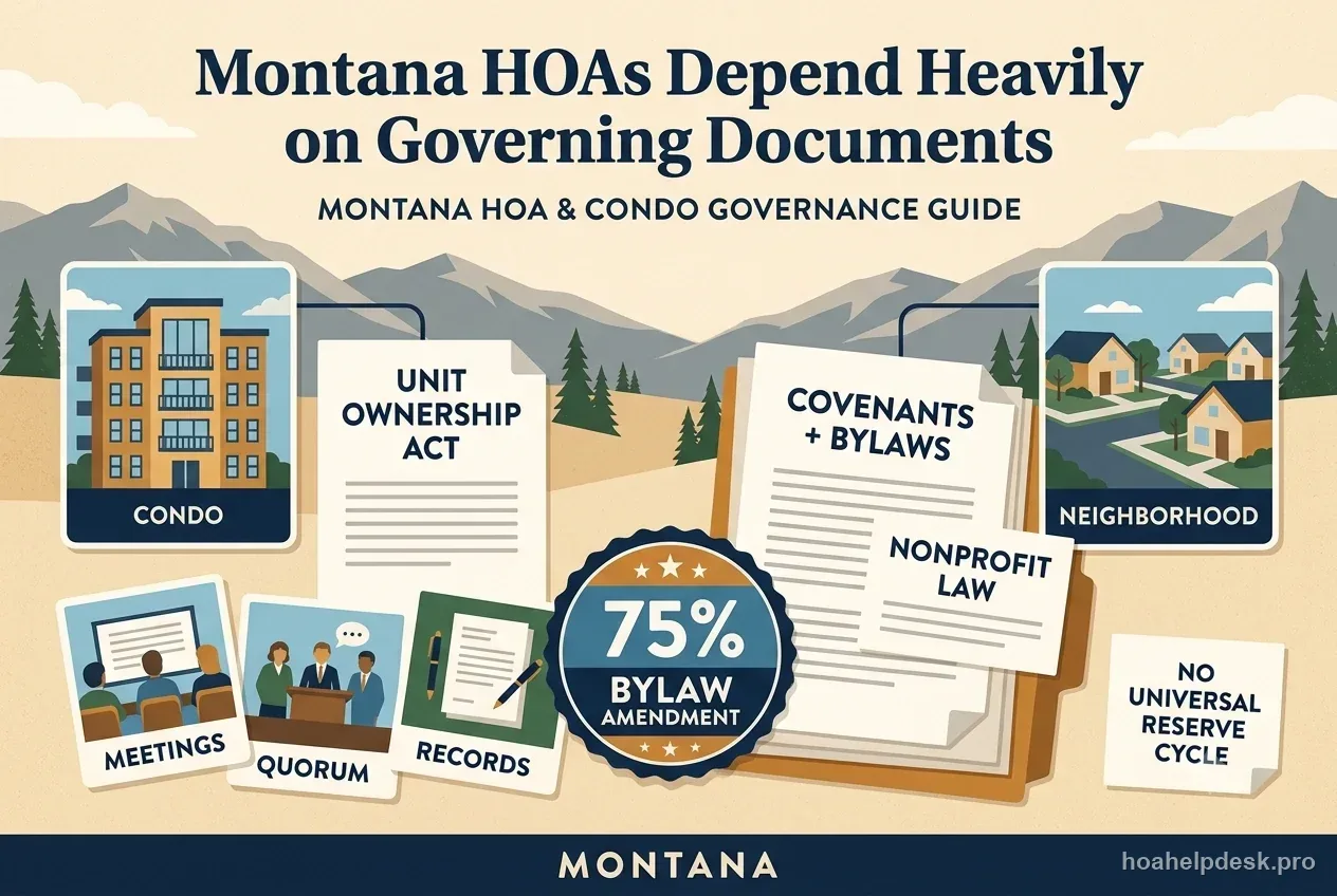 Montana governance diagram showing recorded bylaws branching to meetings, records, assessments, and a 75 percent amendment ballot.