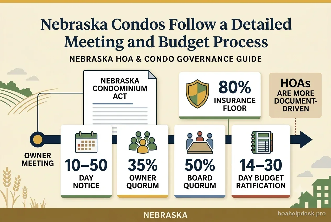 Nebraska condo governance timeline showing 10 to 50 day meeting notice, 35 percent owner quorum, and budget ratification.
