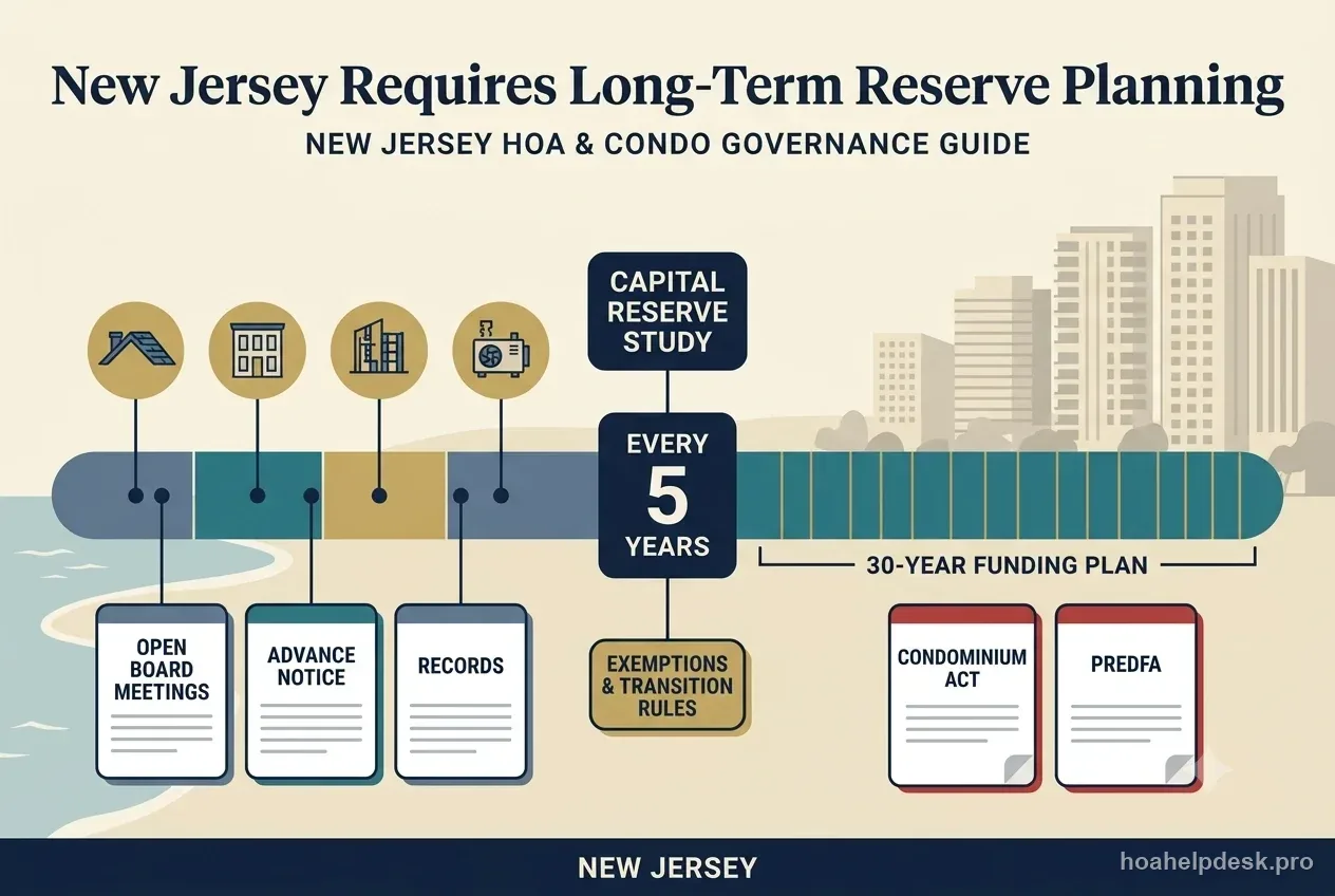New Jersey reserve governance diagram showing a five-year study cycle feeding a 30-year funding plan and an open-meeting notice card.