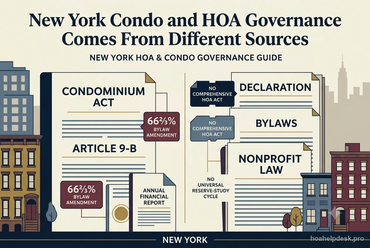 New York condominium governance diagram with a recorded bylaw book, electronic meeting node, 66⅔ percent amendment marker, and annual records ledger.