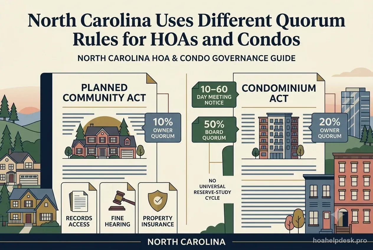 North Carolina governance diagram comparing 10 percent HOA quorum and 20 percent condo quorum beside a hearing and insurance checklist.