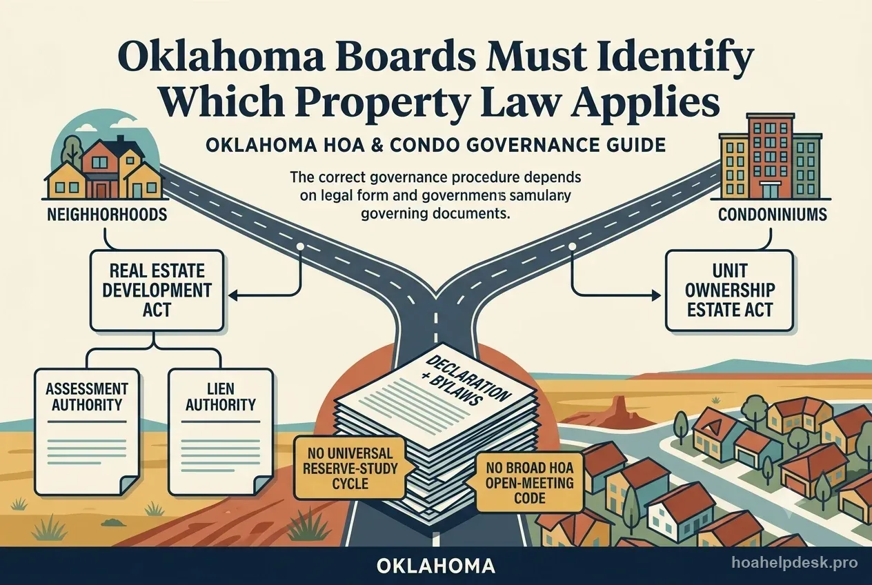 Diagram separating Oklahoma owners-association rules from condominium governance rules with recorded documents at the center.