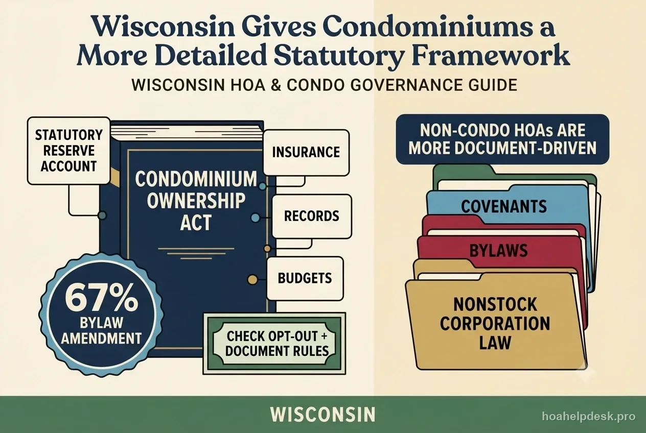 Wisconsin governance diagram showing a condominium declaration, a 67 percent bylaw-amendment threshold, annual budget ledger, and records archive.